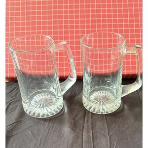 Vintage Set 2 Clear Glass Beer Mugs/Glasses. Clear Glass W/Heavy Base